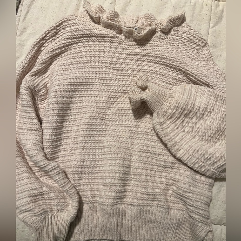 Madewell Knit Cream Sweater with Ruffle Collar and Ruffle Sleeves